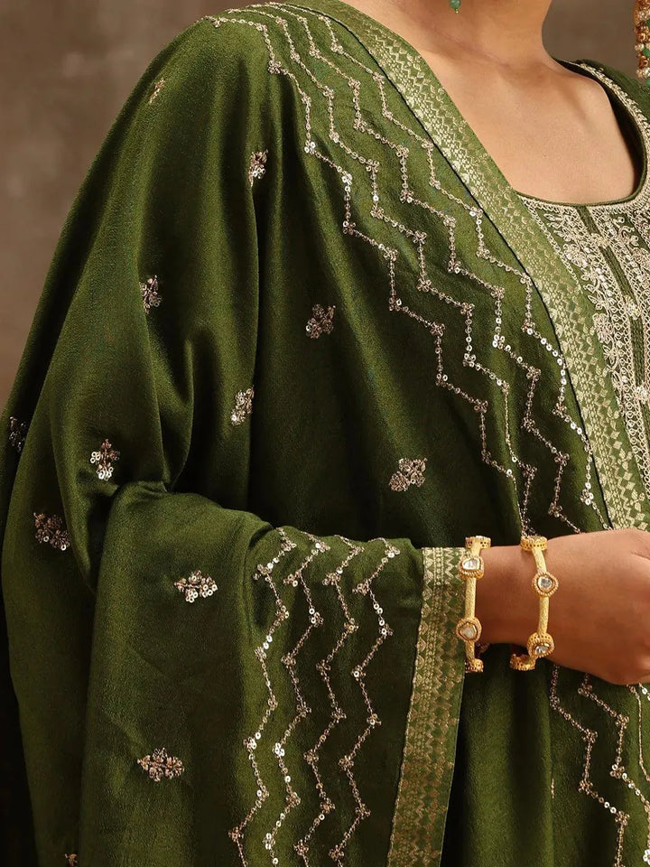 Olive Embroidered Silk Blend Suit Set With Trousers - Libas