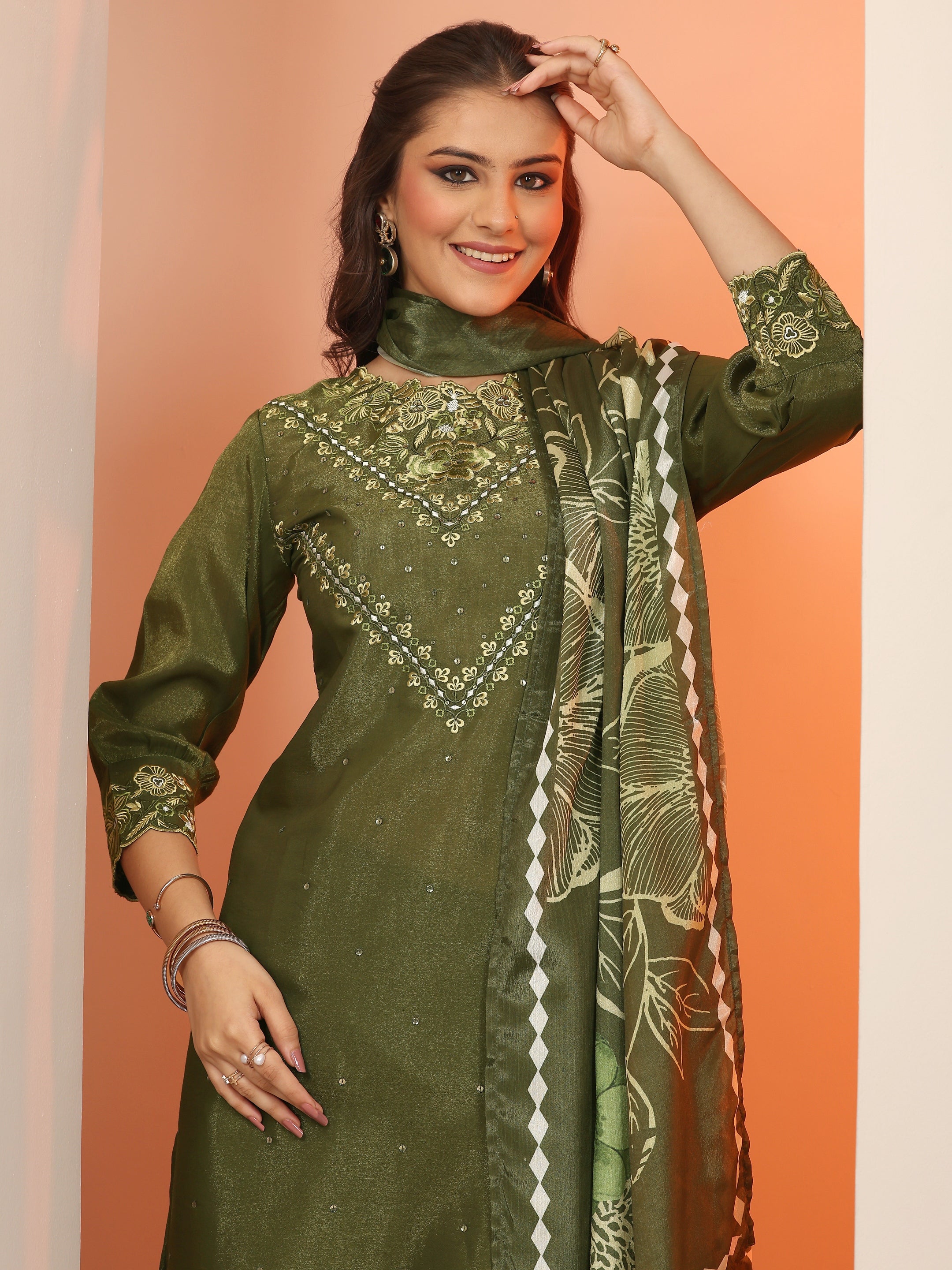 libas Olive Embroidered Silk Blend Straight Suit Set With Dupatta-picture-59