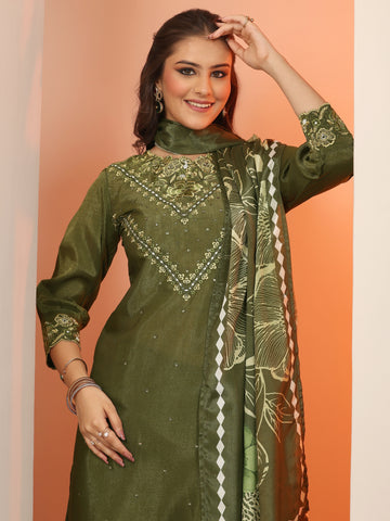 Olive Embroidered Silk Blend Straight Suit Set With Dupatta