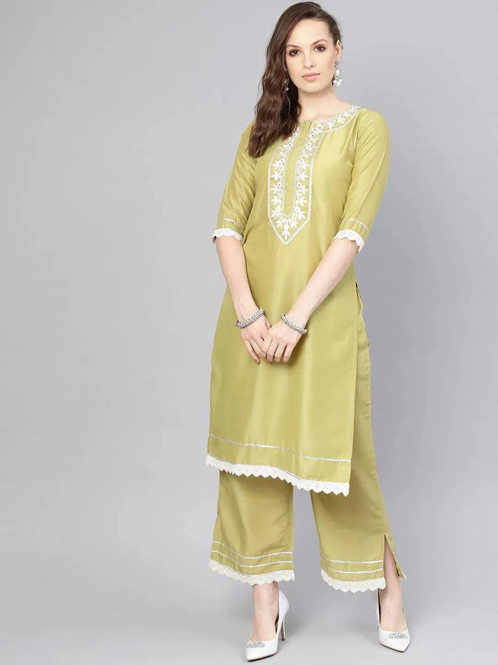 Olive Embroidered Silk Kurta Set - Libas