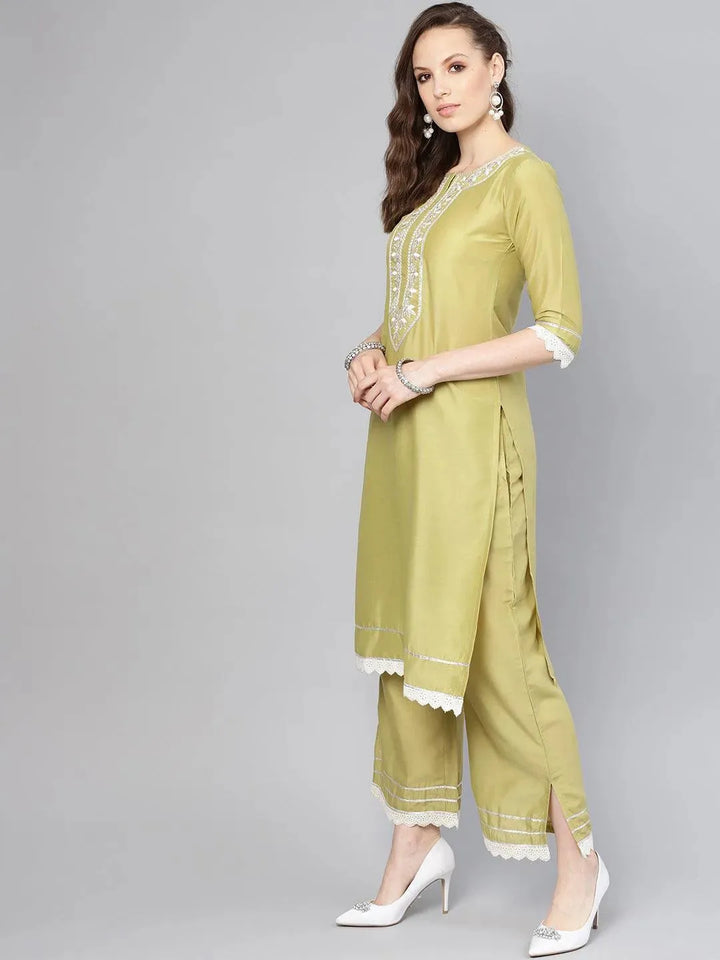 Olive Embroidered Silk Kurta Set - Libas