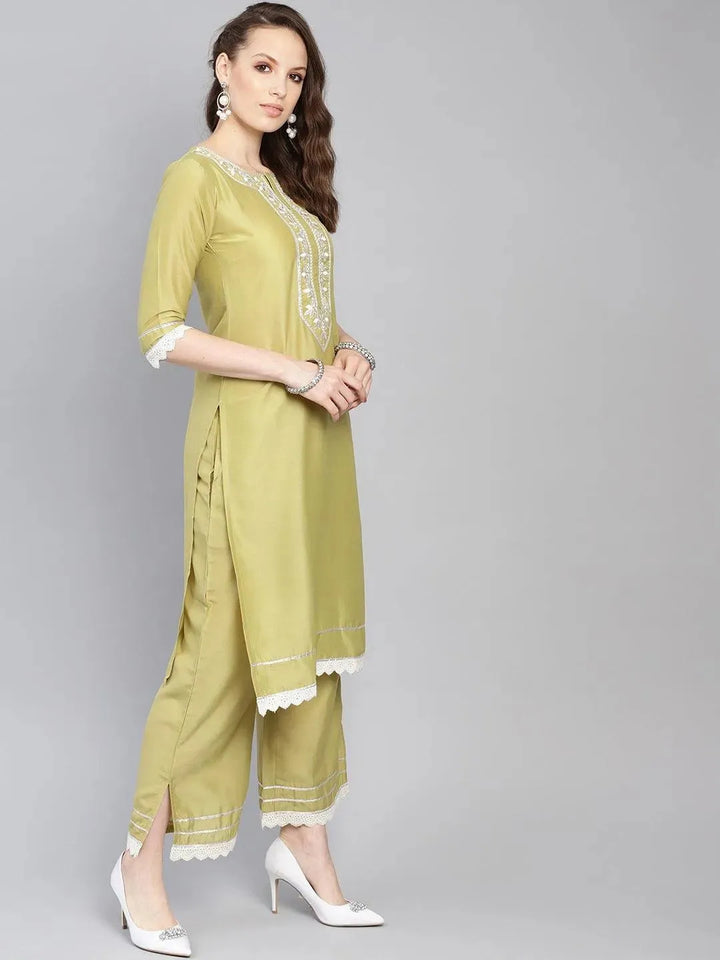 Olive Embroidered Silk Kurta Set - Libas