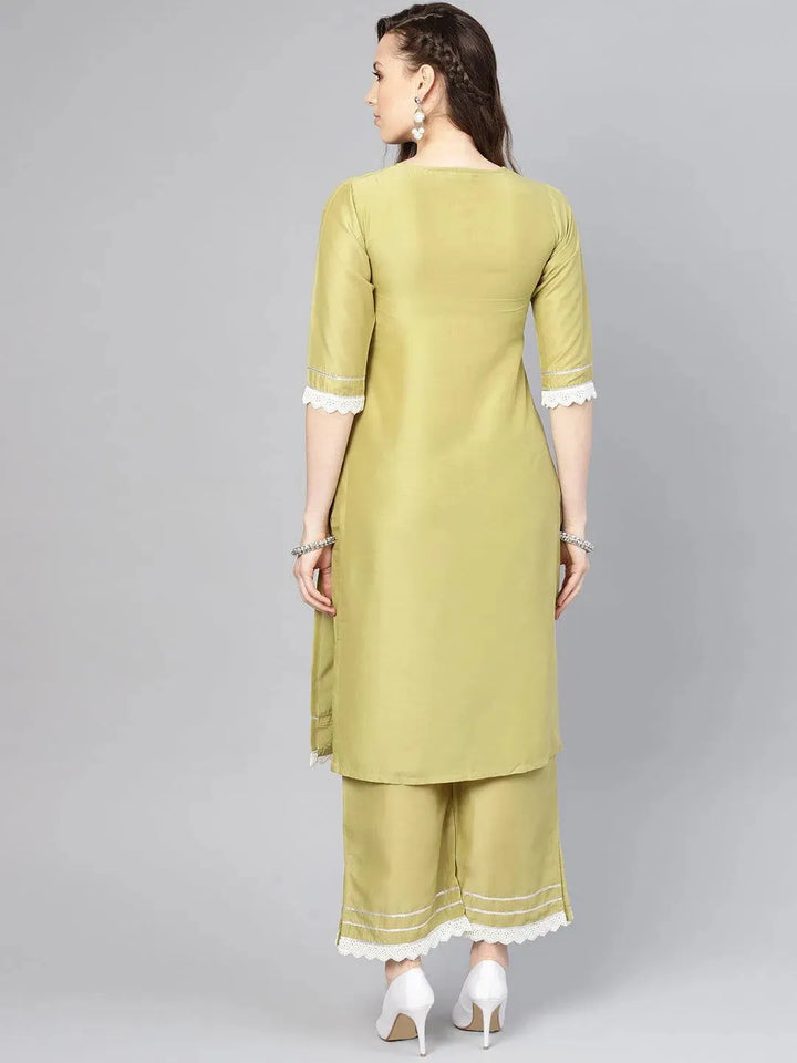Olive Embroidered Silk Kurta Set - Libas