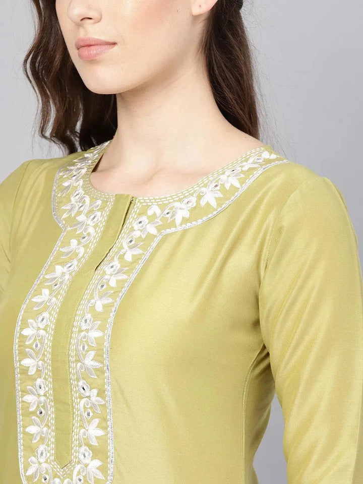 Olive Embroidered Silk Kurta Set - Libas