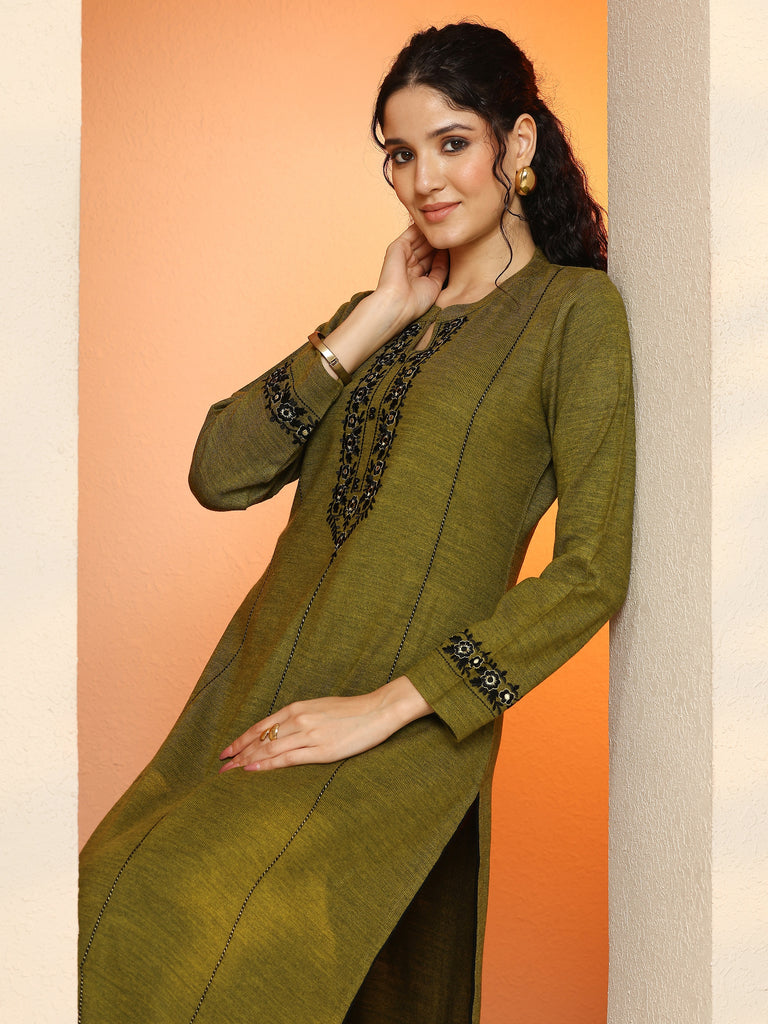 Libas Olive Embroidered Wool Straight Kurta