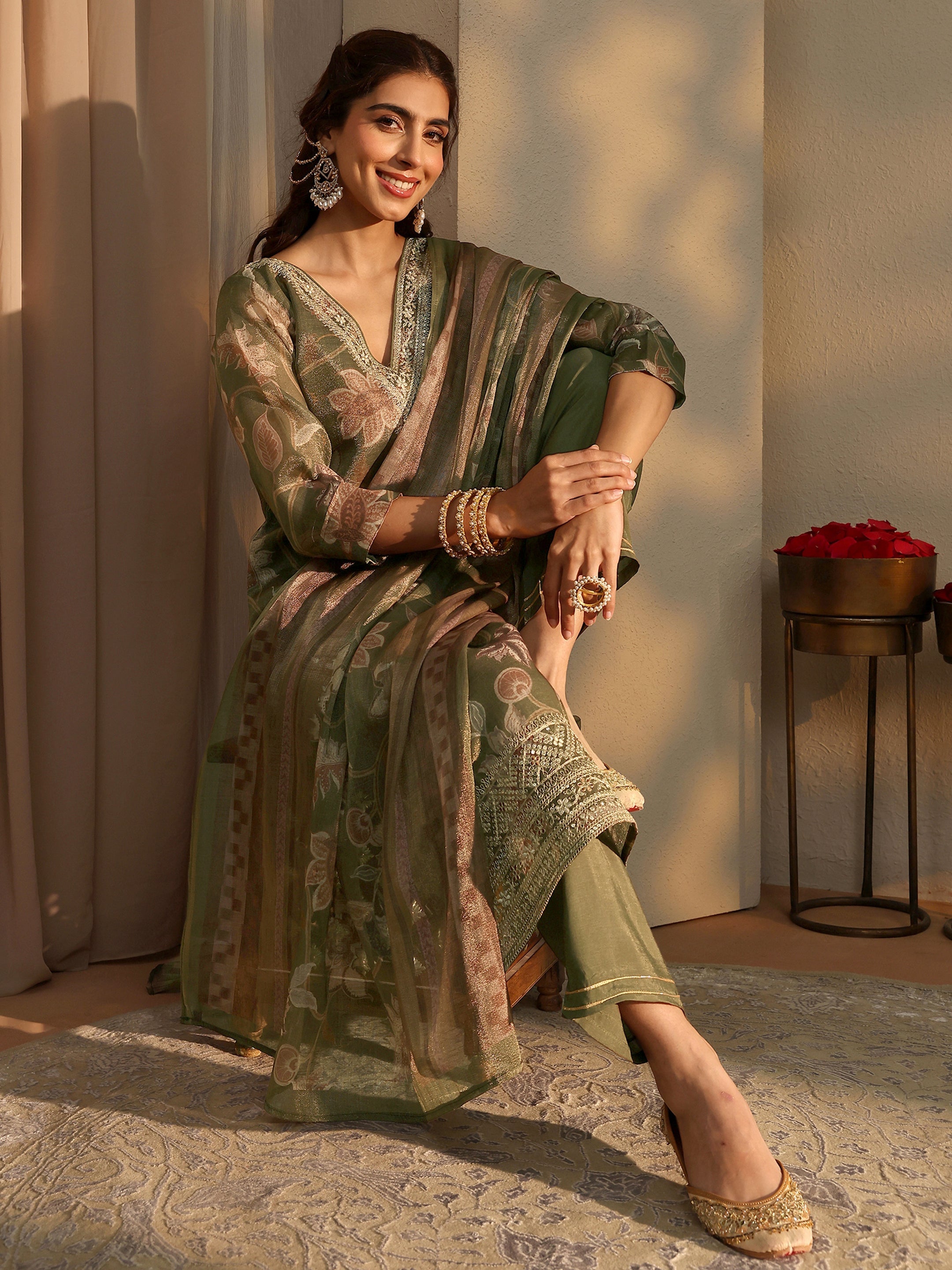 Olive Floral Printed Silk Blend Straight Suit Set With Dupatta-image-1