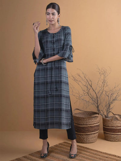 Olive Green Checkered Rayon Kurta - Libas