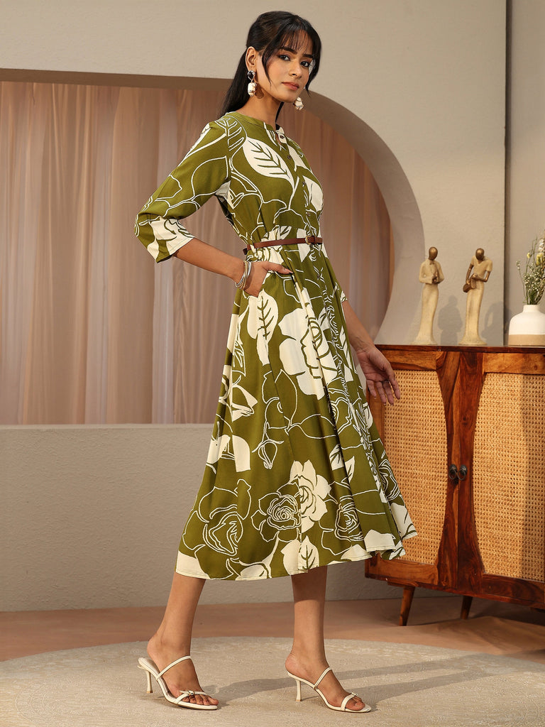Libas Olive Green Floral Printed Cotton Blend Shirt Dress