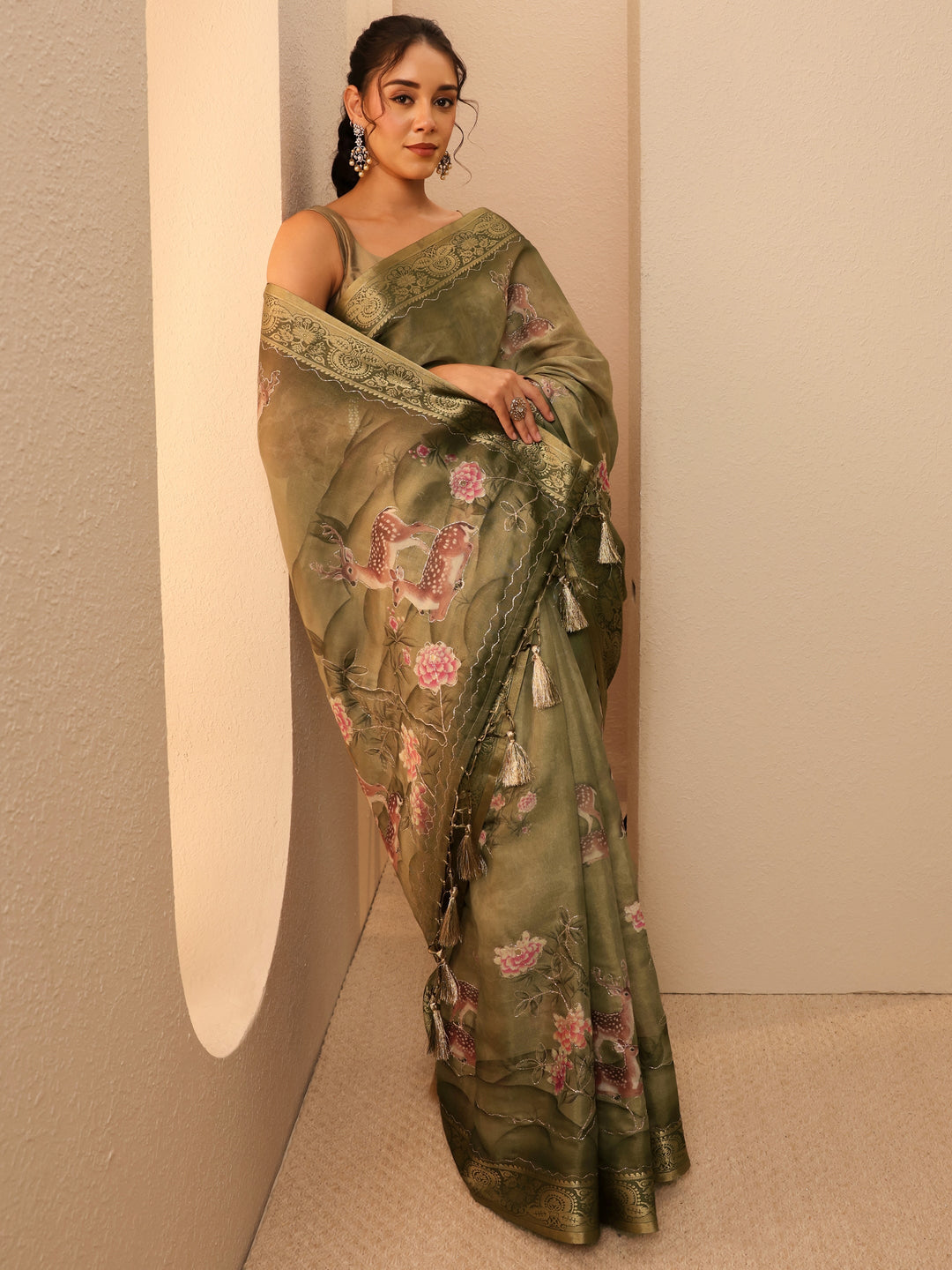  Olive Green Floral Printed Silk Blend Saree 