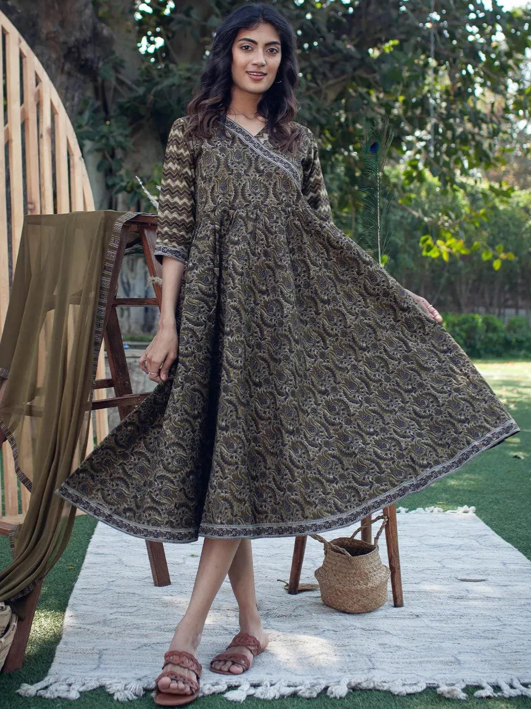 Olive Green Printed Cotton Dress - Libas