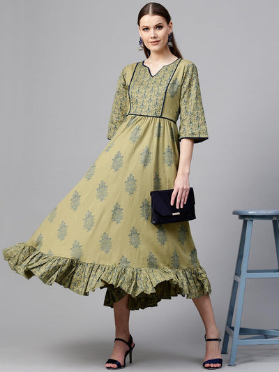 Olive Green Printed Cotton Dress - Libas