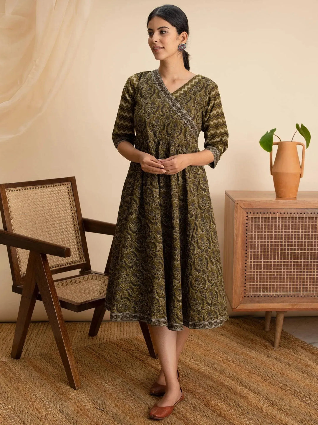 Olive Green Printed Cotton Dress - Libas