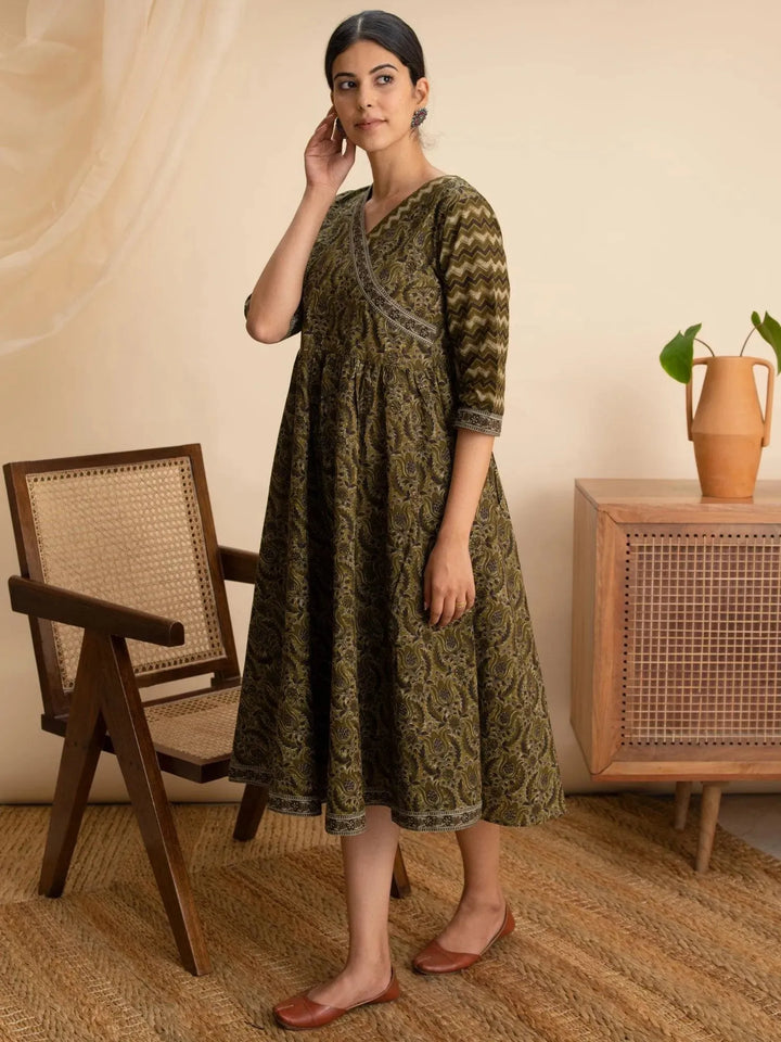 Olive Green Printed Cotton Dress - Libas