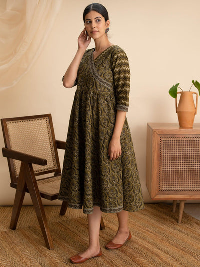 Olive Green Printed Cotton Dress - Libas
