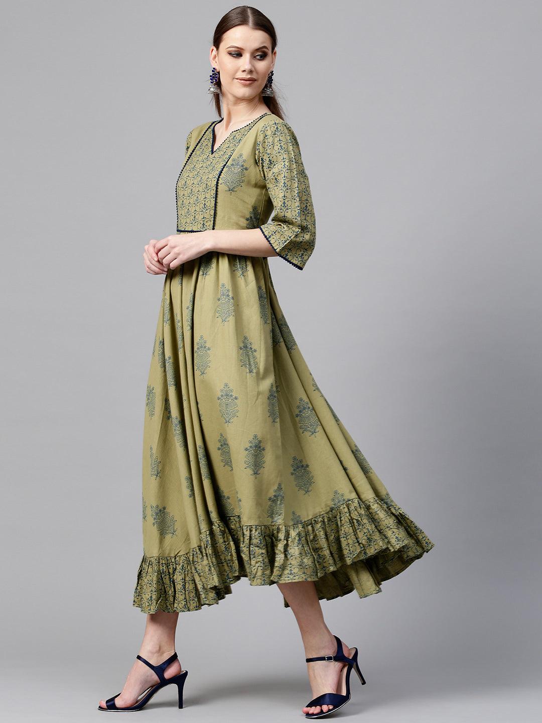 Olive Green Printed Cotton Dress