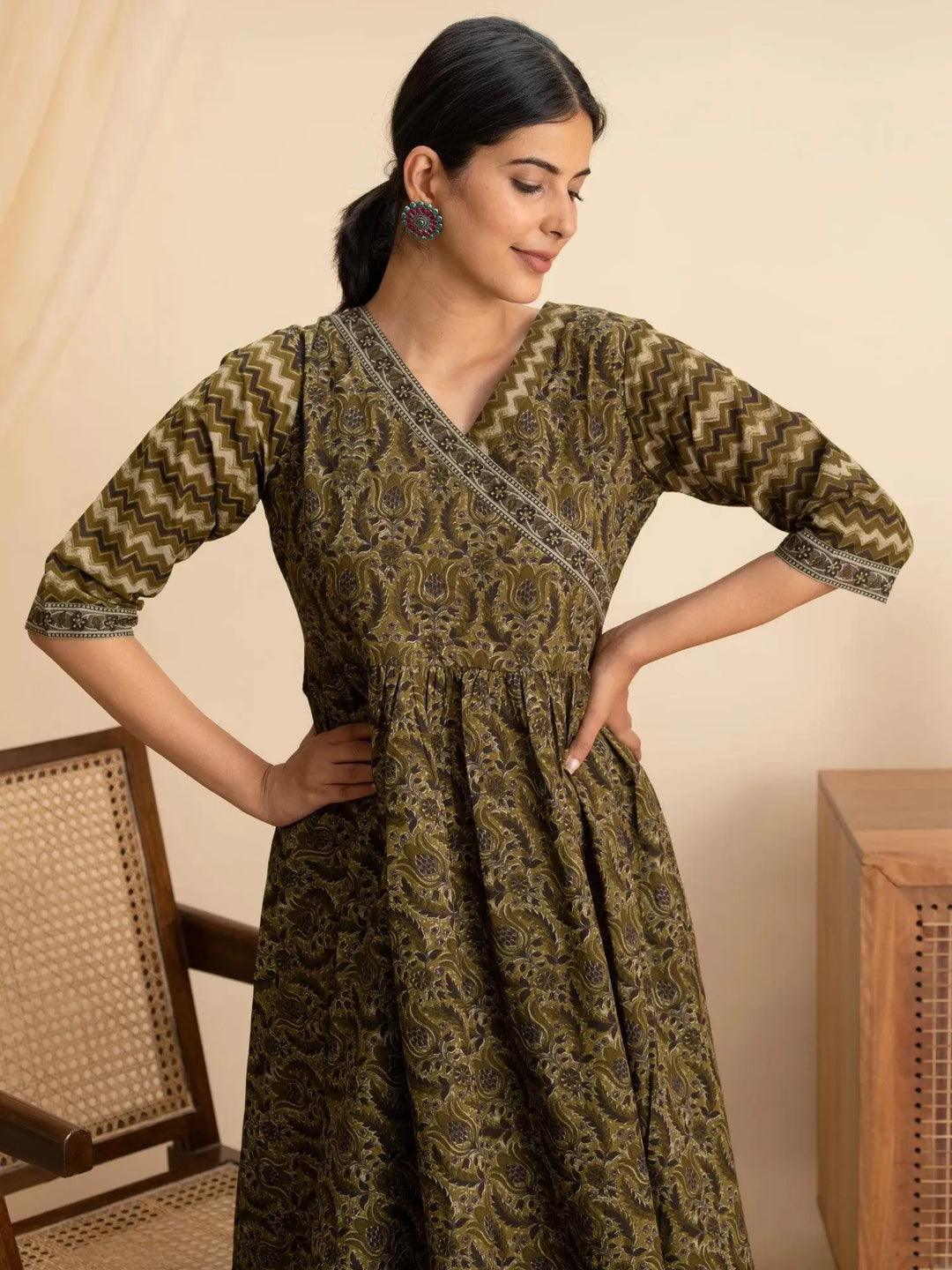 Olive Green Printed Cotton Dress - Libas