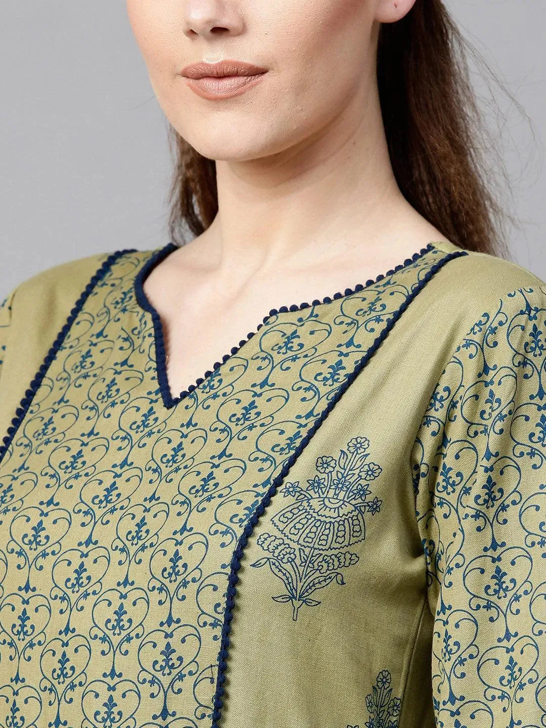 Olive Green Printed Cotton Dress - Libas 