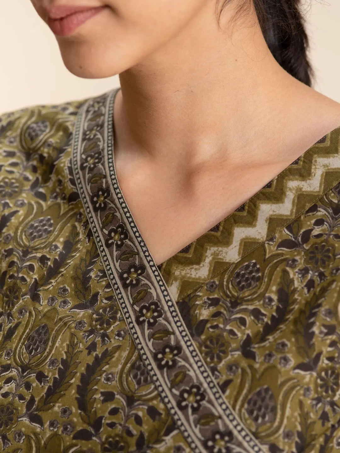 Olive Green Printed Cotton Dress - Libas 