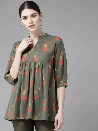 Olive Green Printed Cotton Kurti - Libas