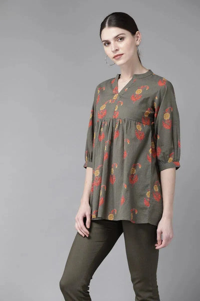 Olive Green Printed Cotton Kurti - Libas