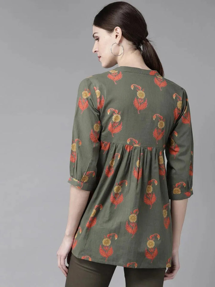 Olive Green Printed Cotton Kurti - Libas