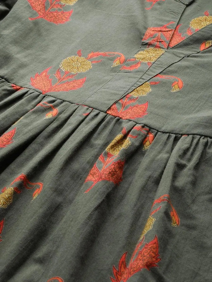 Olive Green Printed Cotton Kurti - Libas