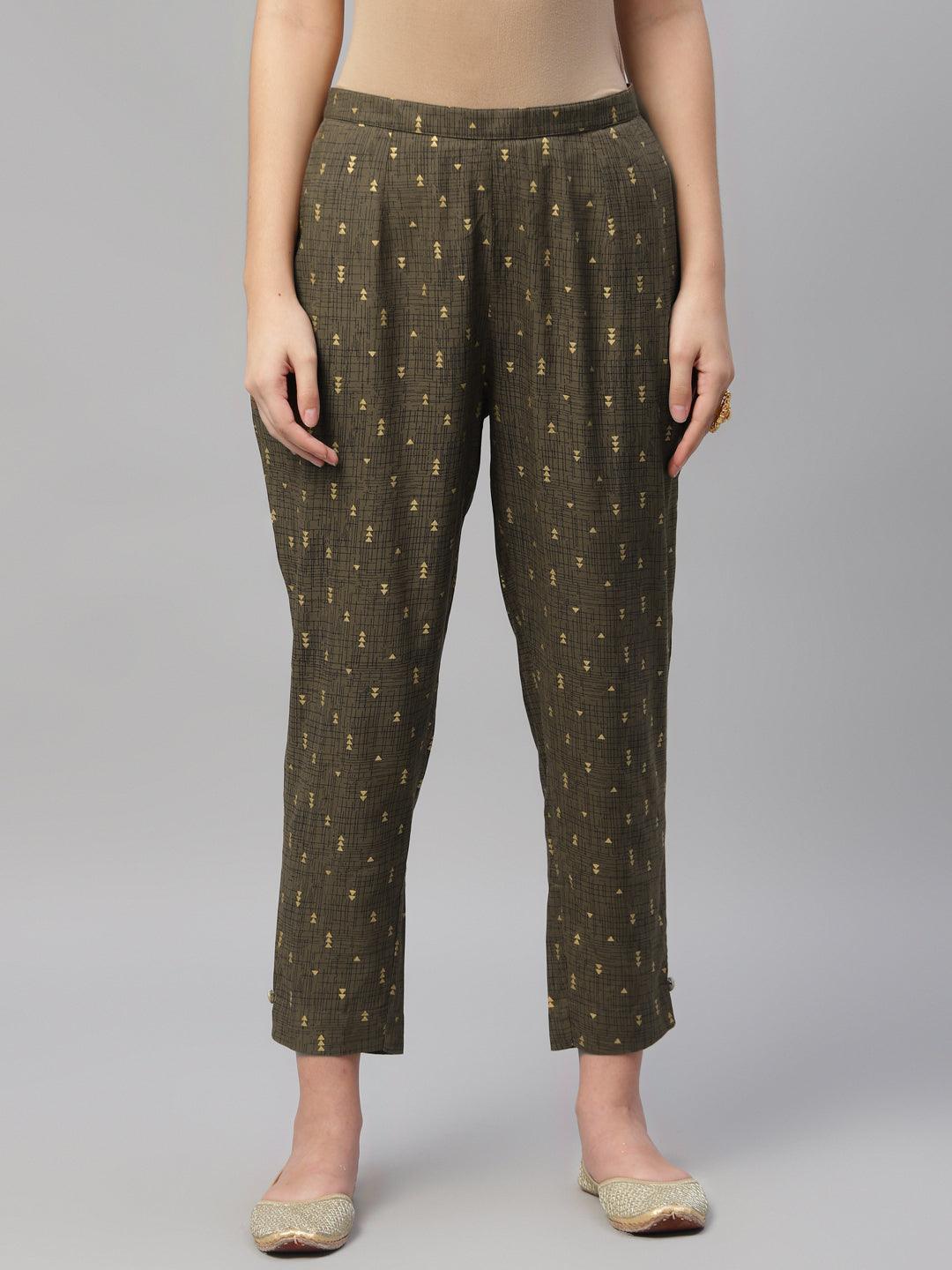 Olive Green Printed Cotton Trousers