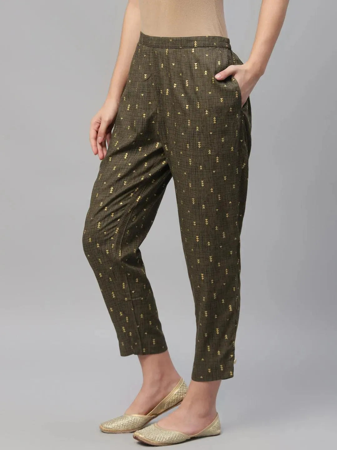 Olive Green Printed Cotton Trousers - Libas