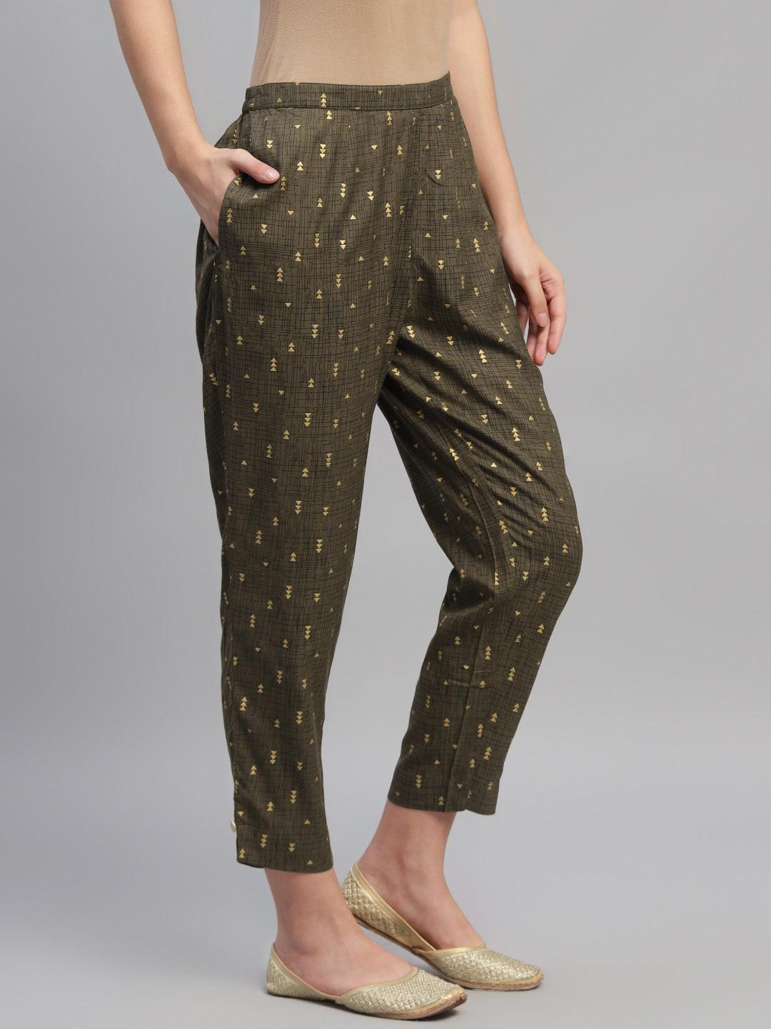 Olive Green Printed Cotton Trousers - Libas
