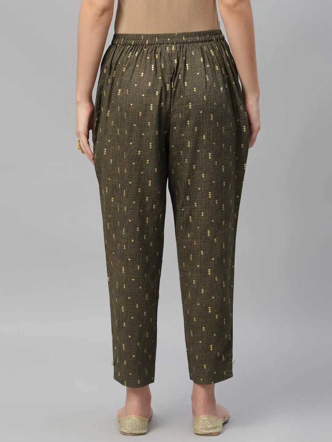 Olive Green Printed Cotton Trousers - Libas