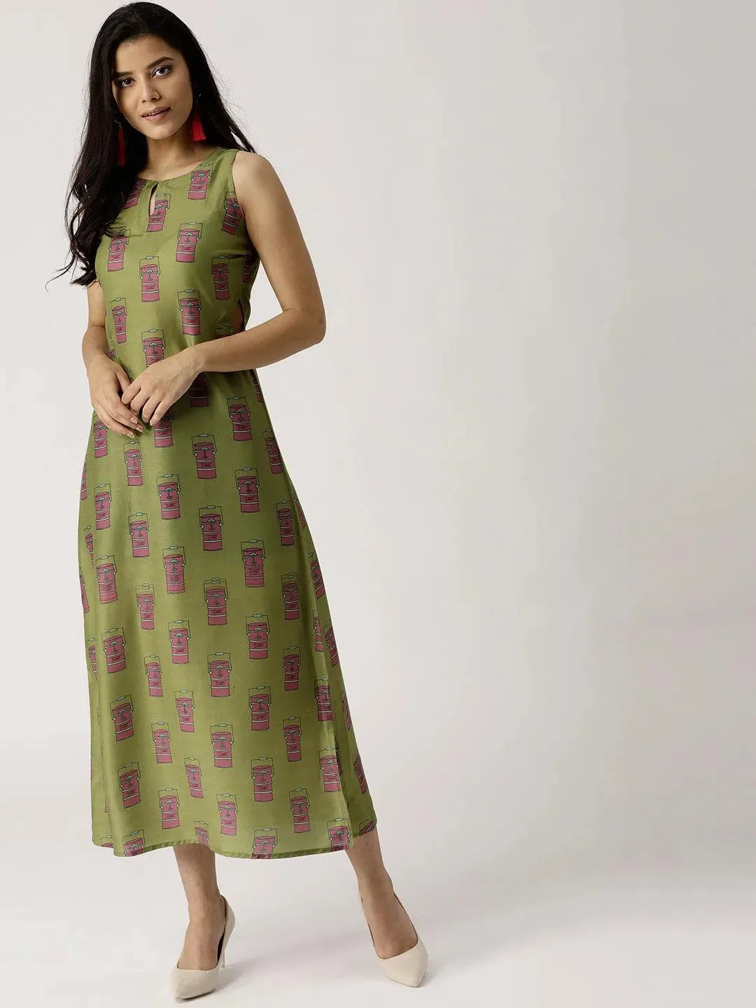 Olive Green Printed Silk Dress - Libas