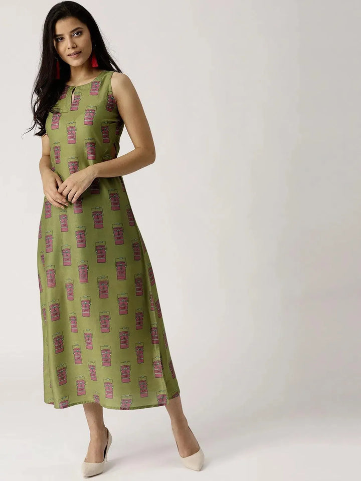 Olive Green Printed Silk Dress - Libas