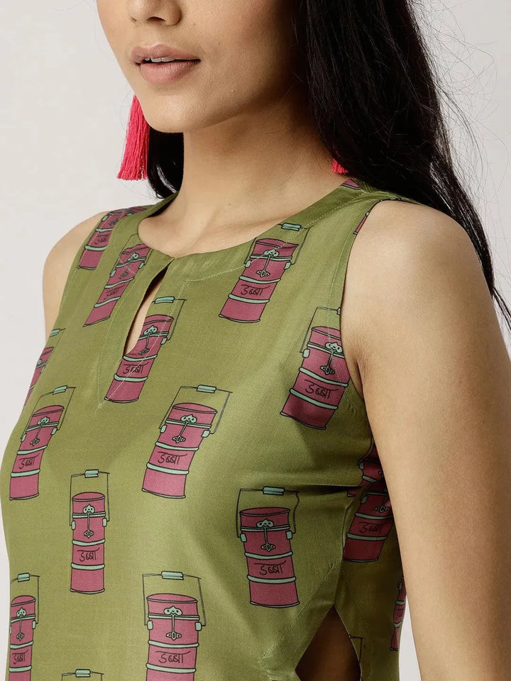 Olive Green Printed Silk Dress - Libas