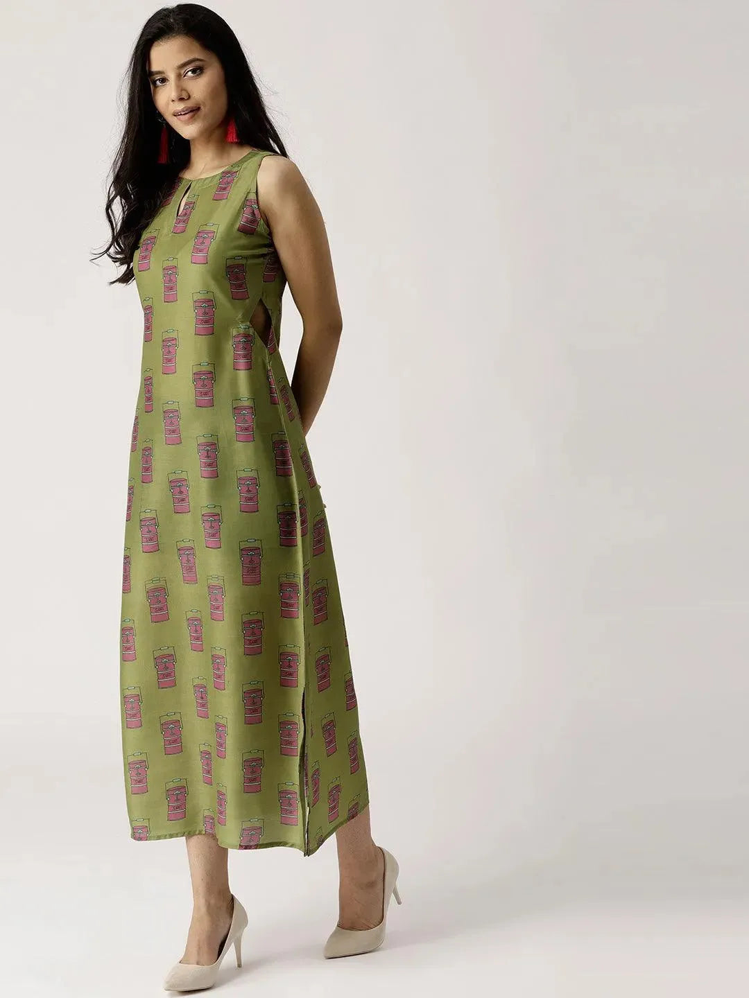 Olive Green Printed Silk Dress - Libas 