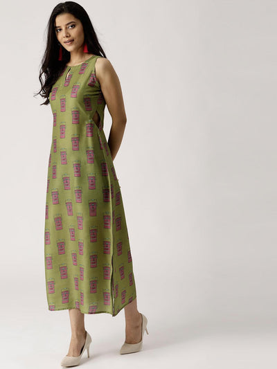 Olive Green Printed Silk Dress - Libas