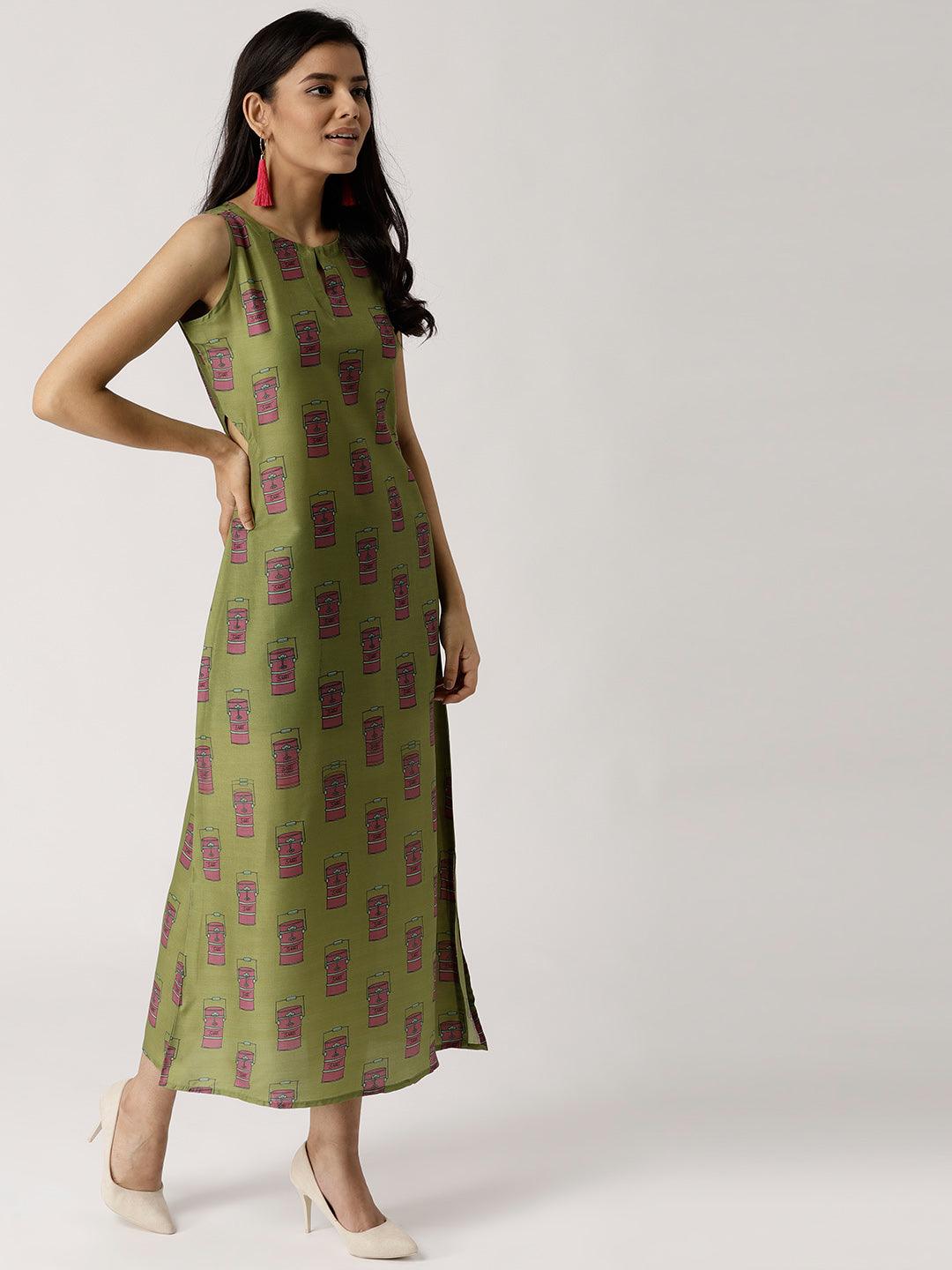 Olive Green Printed Silk Dress