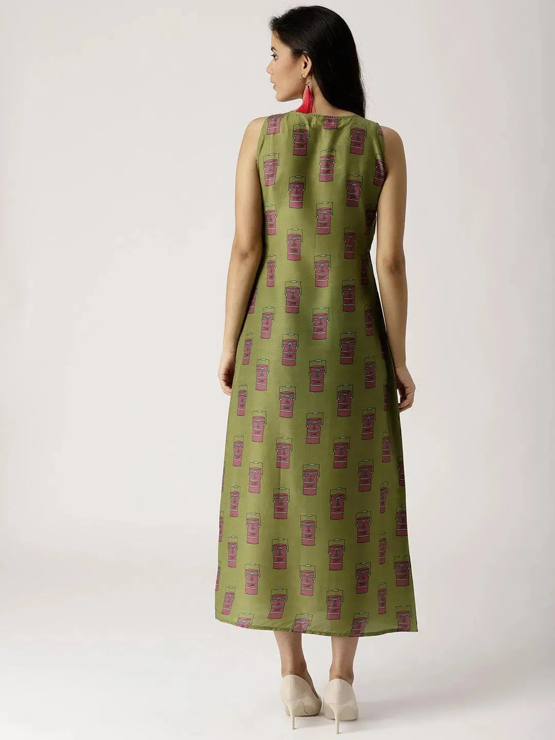 Olive Green Printed Silk Dress - Libas 