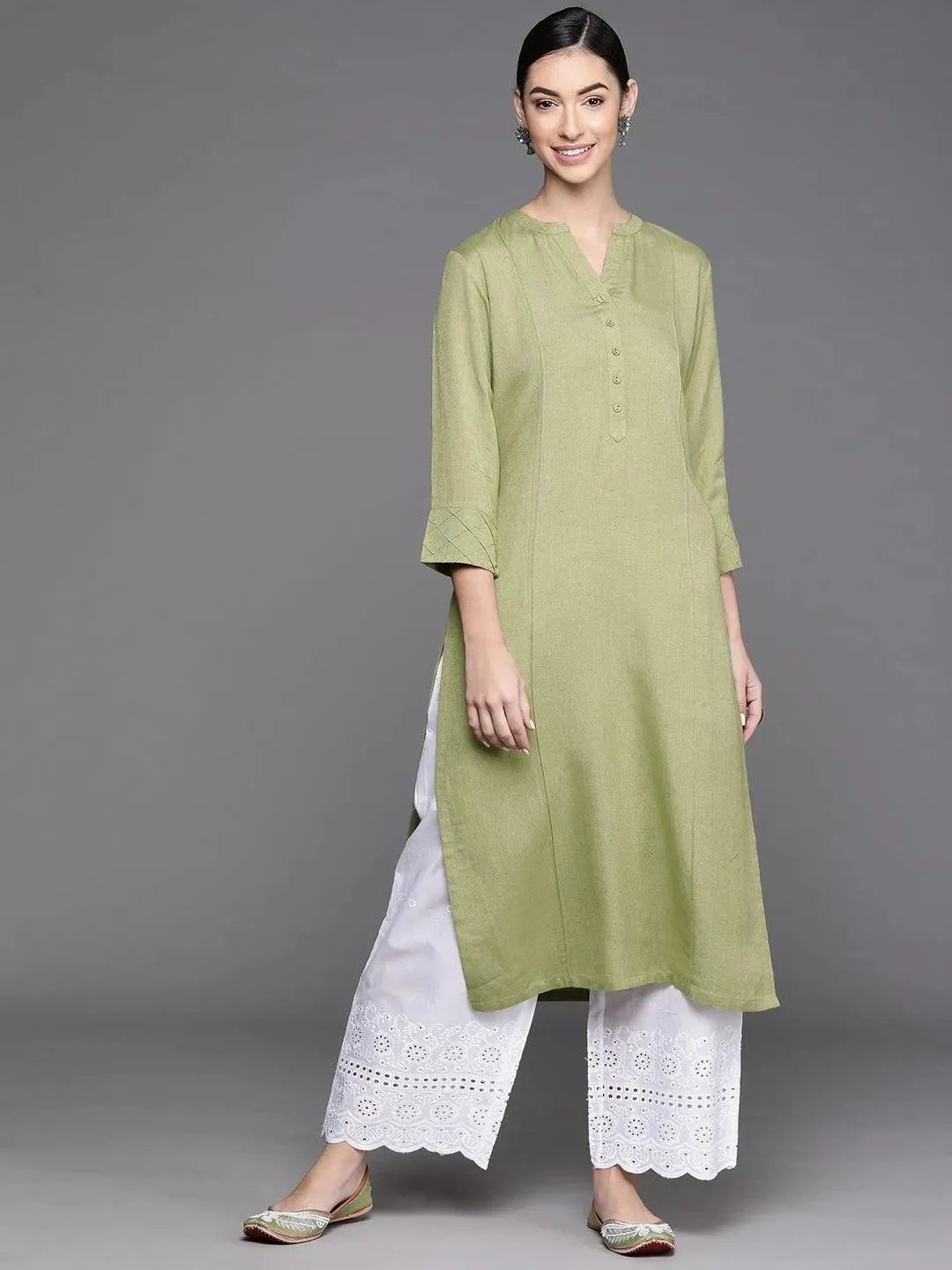 Olive Green Solid Cotton Kurta - Libas