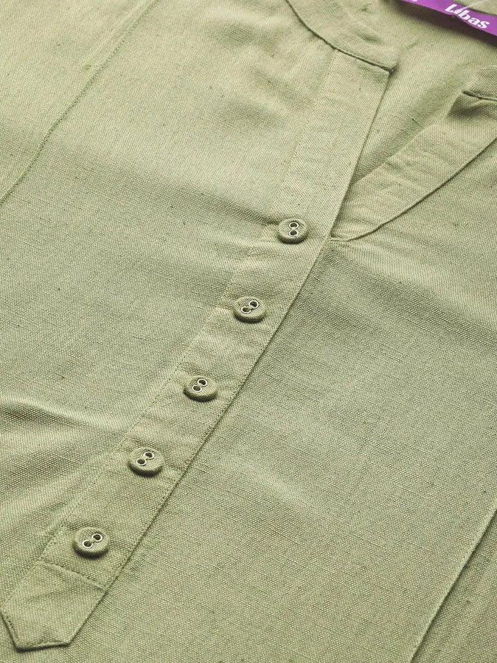 Olive Green Solid Cotton Kurta - Libas