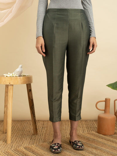 Olive Green Solid Silk Trousers - Libas