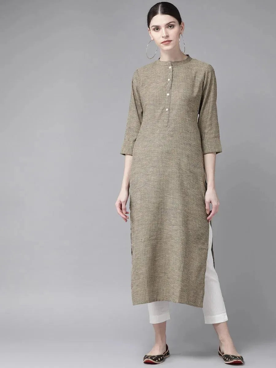 Olive Green Striped Cotton Kurta - Libas