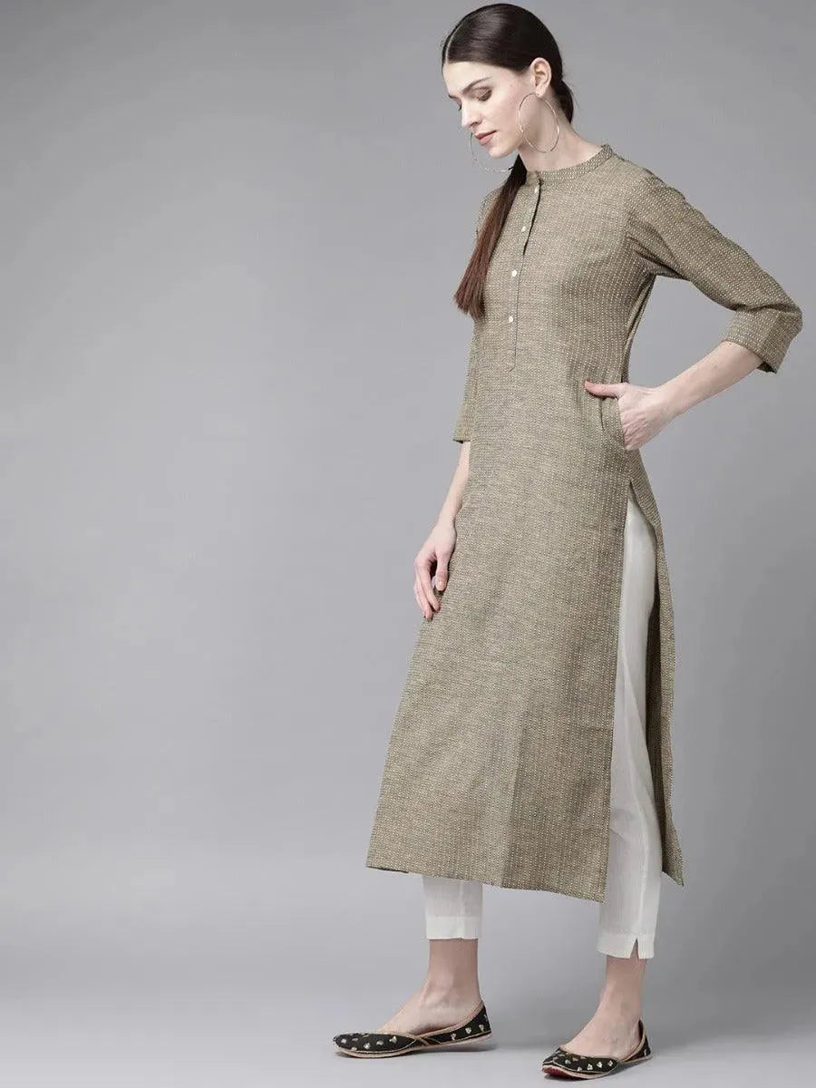 Olive Green Striped Cotton Kurta - Libas