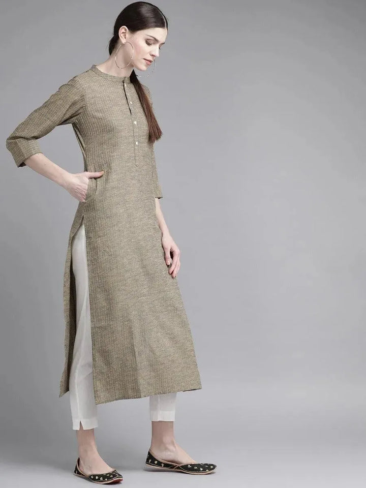 Olive Green Striped Cotton Kurta - Libas