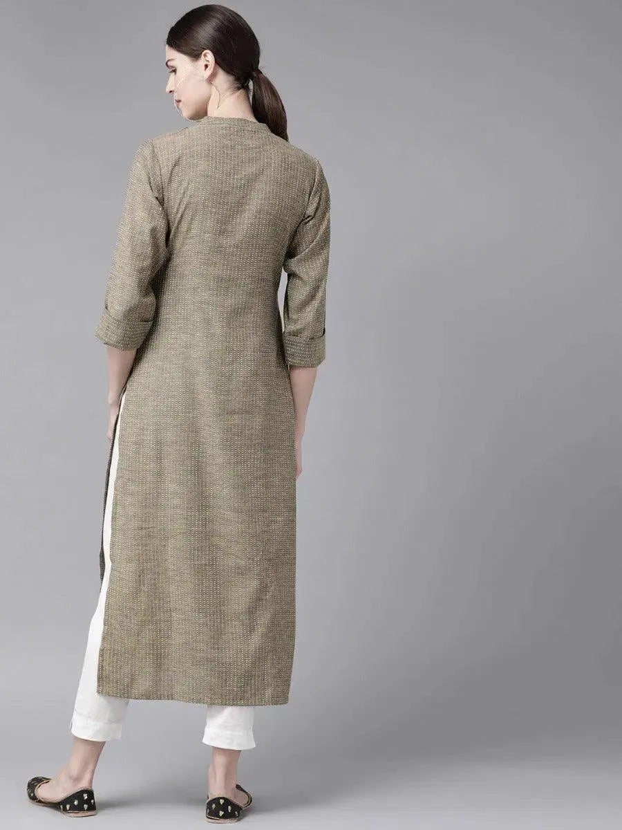 Olive Green Striped Cotton Kurta - Libas 