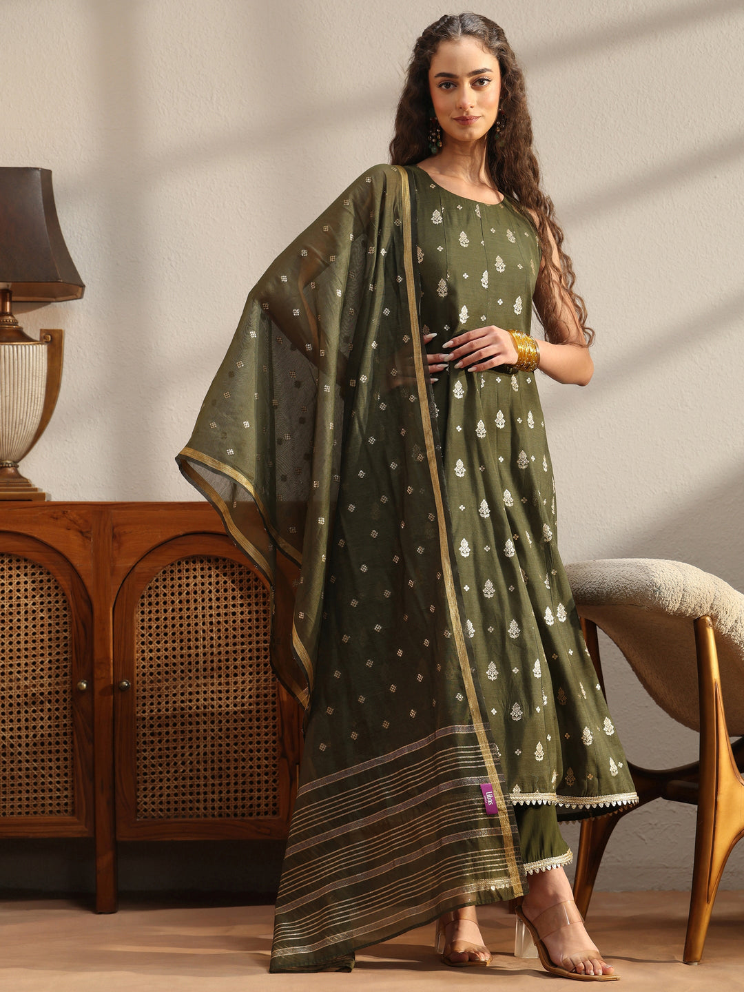  Olive Green Woven Design Chanderi Silk A-Line Sleeveless Suit Set 