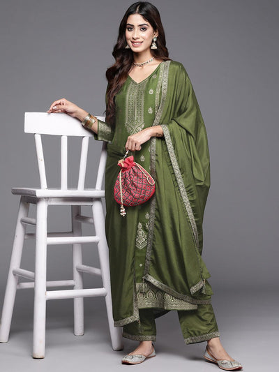 Olive Green Woven Design Silk Blend Straight Kurta With Trousers & Dupatta - Libas