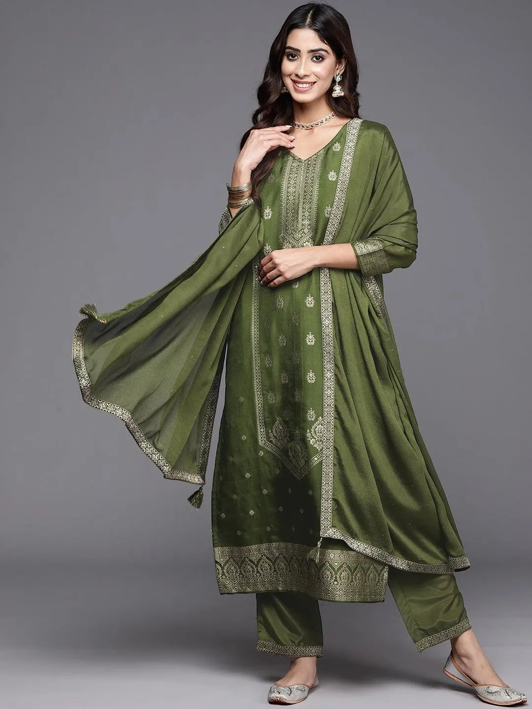 Olive Green Woven Design Silk Blend Straight Kurta With Trousers & Dupatta - Libas