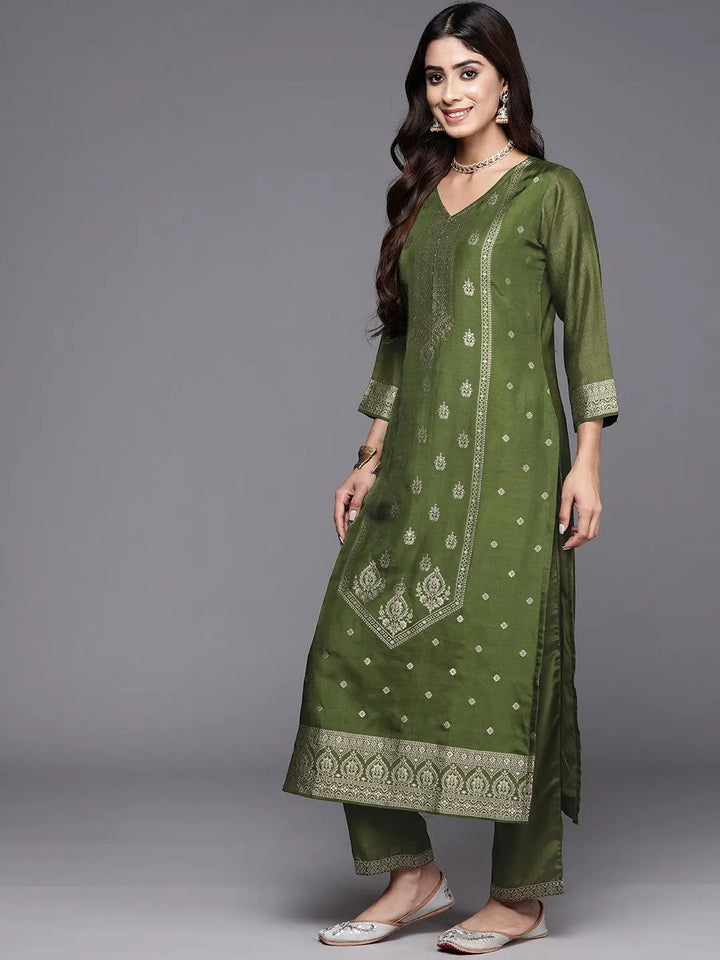 Olive Green Woven Design Silk Blend Straight Kurta With Trousers & Dupatta - Libas