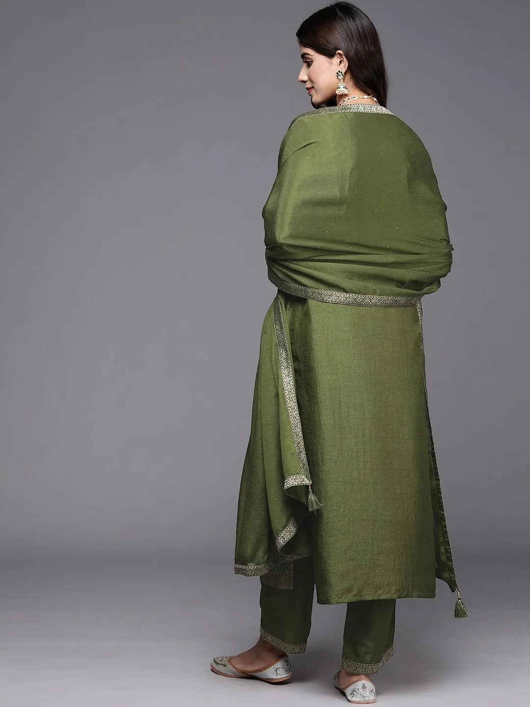 Olive Green Woven Design Silk Blend Straight Kurta With Trousers & Dupatta - Libas 