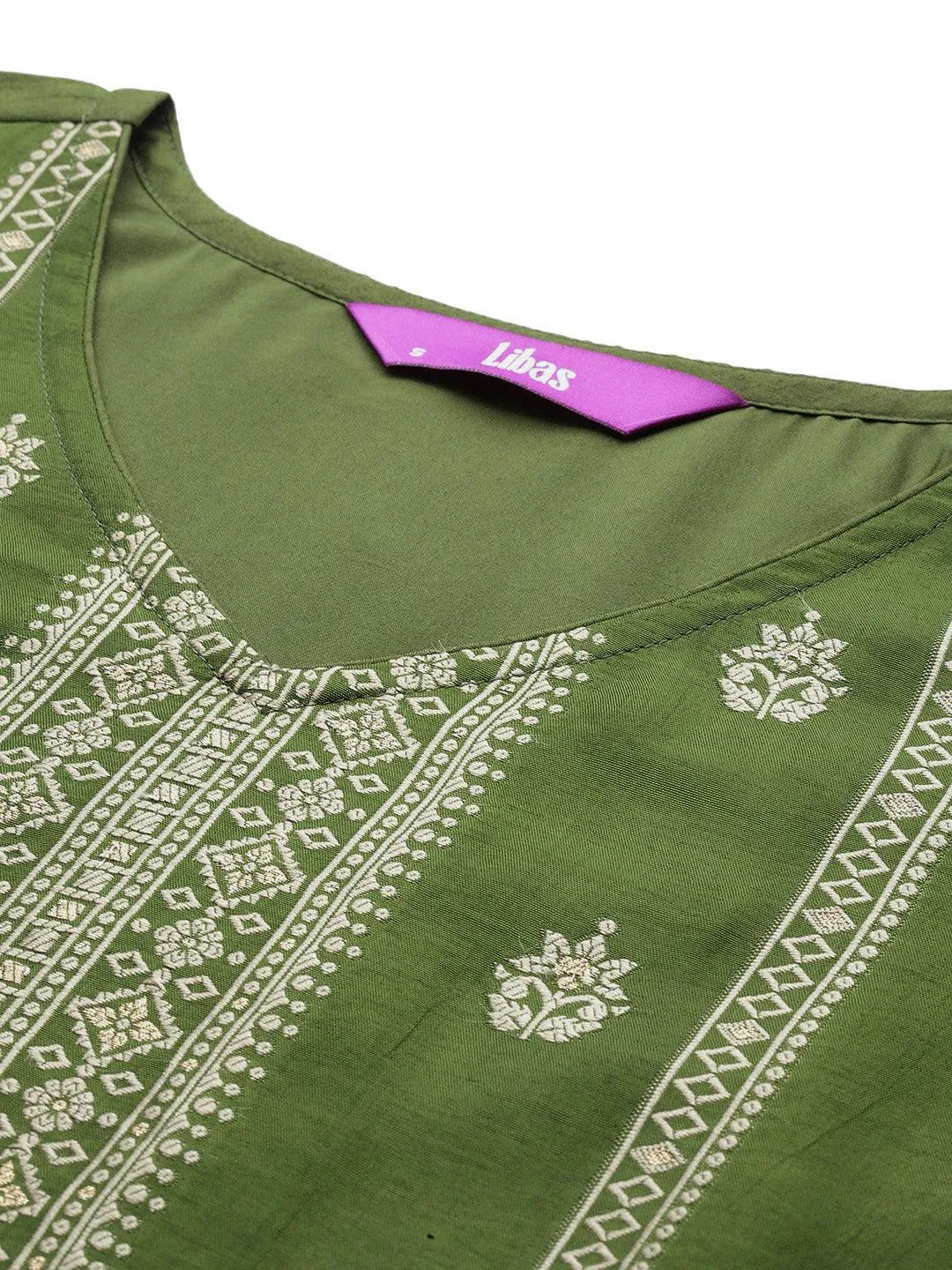 Olive Green Woven Design Silk Blend Straight Kurta With Trousers & Dupatta - Libas